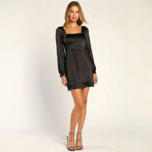 Lulus Large Got The Love Black Satin Square-Neck Long Sleeve Mini Dress - Picture 1 of 9